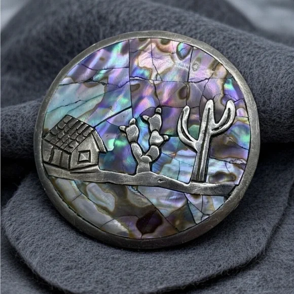 Vintage Sterling Silver Iridescent Abalone Shell Inlay Desert Scene Brooch 12.3g - Picture 9 of 15